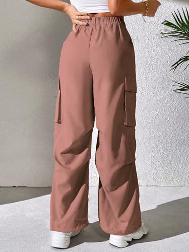 Image of GRECIILOOKS High Waist Cotton Trousers for Women - Flared Parachute Pants with Side Pockets | Casual Travel Cargo Pants