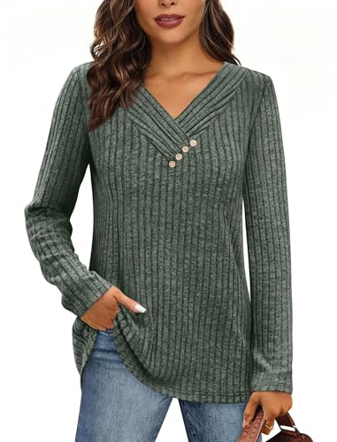 Desol Womens Long Sleeve V Neck Lightweight Thin Jumpers Ribbed Knit Sweaters Casual Versatile Green L