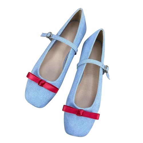 LUXINYU Women Fashion Bowknot Suede Mary Jane Flats Square Toe Buckle Strap Low Heel Lightweight Ballet Party Dress Shoes