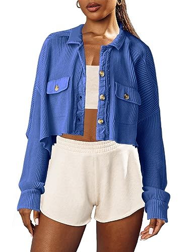 Image of Panadila Women's Cropped Waffle Knit Shacket Short Button Down Jacket Batwing Sleeve Shirts with Pocket