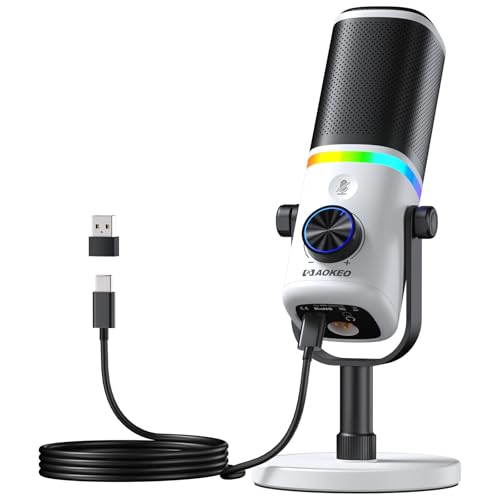 aokeo Mikrofon PC,AK-10 USB/XLR Dynamisches Gaming Mikrofon für Podcast,Streaming mit RGB-Beleuchtung,Lautstärkeregler,Stummschalttaste und Rauschunterdrückung (Weiß)
