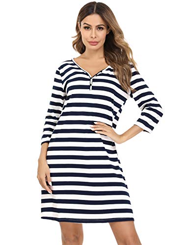 Doaraha Camicia da Notte Donna 100% Cotone Strisce Orizzontali Pigiama con Bottoni Scollo a V Elegante Sexy e Raffinato S-XXL