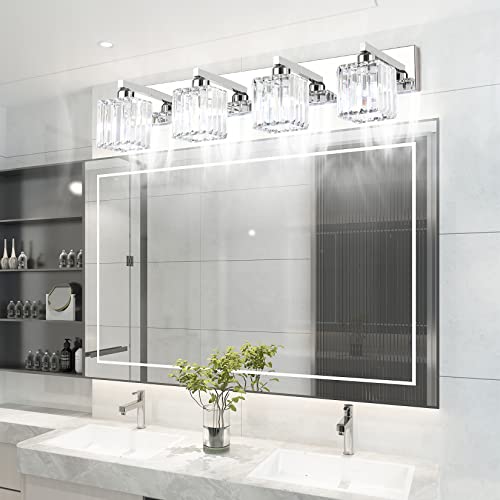Image of Aipsun Bathroom Light Fixtures Crystal Modern Vanity Lighting Fixtures 4 Light Chrome Bathroom Vanity Light (Exclude Bulb)