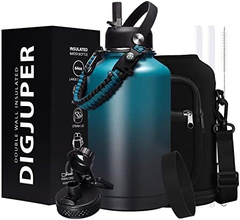 Half-gallon Insulated Water-Bottle with Straw - Stainless Steel Thermo Jug with Spout Straws Lids, Paracord Handle & Bottle Sleeve, 64OZ Vacuum Thermo Water Bottle for Outdoor Working Camping Trip