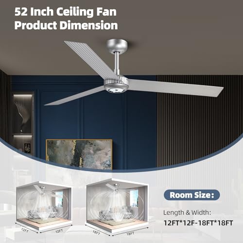 Image of TALOYA 52 inch Modern Ceiling Fan with Lights,Remote Control,3 Metal Blades,Silver Finish,6-Speed,Dimmable, Noiseless Reversible DC Motor,Indoor /Outdoor Ceiling Fan for Living Room Bedroom patio