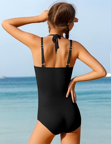 Image of Girls Swimsuit Halter One Piece Swimsuits Solid Ruched Bathing Suit for Girls Quick Dry Summer Beach Swimwear 11-18Y