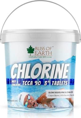 Bliss of Earth Chlorine Tablets for Swimming Pool | TCCA 90% | 3 Inch Slow Dissolving Stabilized Tablets Multifunction Pool Cleaner | Cleans Water Controls Algae & Bacteria | 5KG