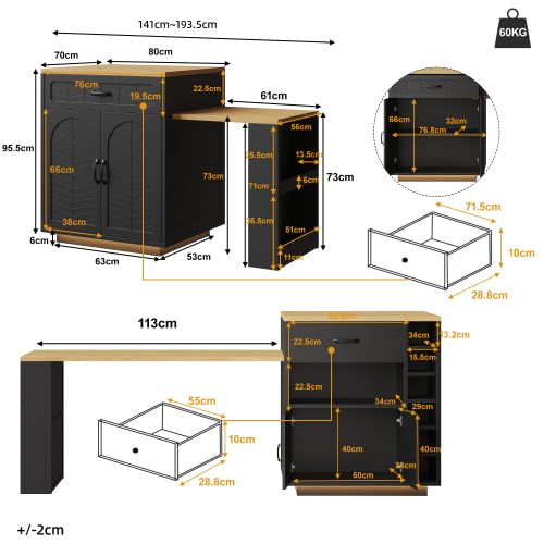 Îlot Central Cuisine avec Rangement et Plan de Travail, Meuble Cuisine Buffet Bar avec Table Extensible, îlot de Cuisine MDF 80 x 70 x 95,5 cm, 2 tiroirs 4 Portes, Noir/Blanc