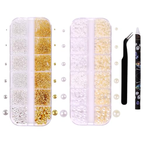 Nail Charms,2 Boxes Flackback Pearl Nail Charms and Gold Silver Beads with Pickup Pencil and Tweezer,Nail Pearls Rhinestones Kit for Nails Art Supplies Face Makeup and Crafting