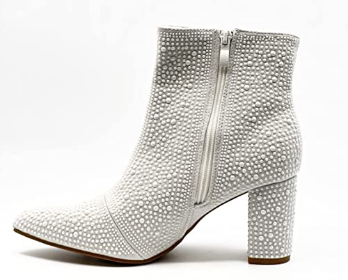 Women Rhinestone Block Chunky Heel Ankle Bootie Iceberg 12 By Forever shoes Ivory Size 92