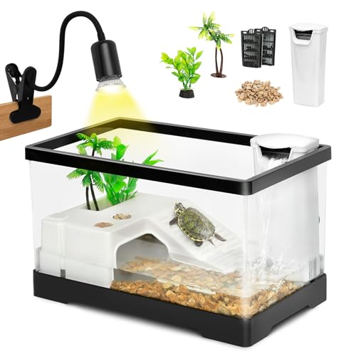 AZV Small Turtle Tank Kit,PC Starter Aquarium Indoor,Red Eared Slider Aquatic for Baby Tortoise,Fishes and Amphibians,Include Basking Platform*1,Filter*1,Filter Plates*2,Plants*2,Lamp*1,Bulb*1,Stone*1