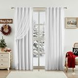Bujasso White Full Blackout Curtain with Sheer Overlay Mix and Match Double Layer Thermal Insulated Window Treatment Set for Bedroom White Drapes with Tiebacks Rod Pocket Back Tab 37' Wx84 Lx2