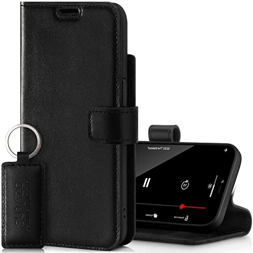 SURAZO Premium Handyhülle für Apple iPhone 14 Pro Hülle Leder - Klappbare Echtleder Schutzhülle [mit Magnet, Kartenfach, RFID Schutz, Keyring] Klapphülle Wallet Case Cover Lederhülle (Costa Schwarz) Cover