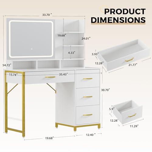 Image of LUCKRACER Vanity Desk with LED Lights Mirror, Makeup Vanity with Storage Drawers and Shelves, Modern Dressing Table for Women Girls Bedroom, Ivory White