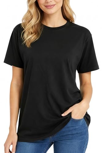 Image of Re Tech UK - 100% Cotton T Shirts for Women UK - Soft Comfy Round Neck Short Sleeve - Ladies T Shirts Loose Fit Plain Tee - Perfect for Everyday Casual Wear, (Black, M)