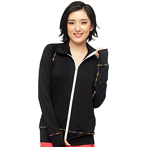 FELLOW フェロー 全38色柄 ラッシュガード フードなし レディース スタンドカラー ジップアップ 接触冷感 長袖 UVカット UPF50 + ブラックレインボー Mサイズ