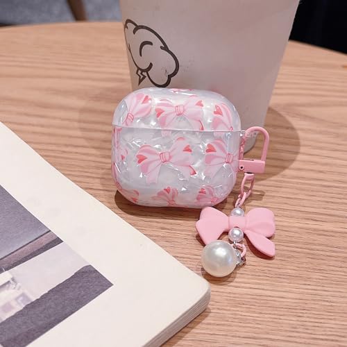 Image of MINSCOSE for Cute Glitter AirPods 4 Case,Shell Pattern Pretty Bow Design with Trendy Floral Keychain,Soft TPU Protective Cover with Cleaner Kit for Girls Women for AirPods 4-Pink