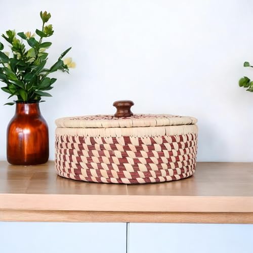 Image of Handmade Sabai Grass Box for Roti /chapati /Dry Fruits |Organiser, Storage Box | Container for Serving on Dining Table| Kitchen Decor Cum Utility| Size : 21L x 21W x 8H CM (RED)