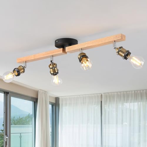 Spots de plafond E27 bois avec quatre têtes orientables au design rétro