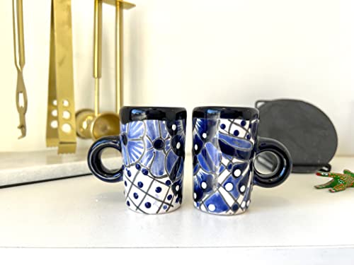 Casa Fiesta Designs Talavera Mexican Ceramic Shot Glasses With Handles, Hand-Painted In Mexico - Great For Tequila, Mezcal And Sangrita, 2 Oz Set Of 2 - Tequilero Azul Blanco Oreja #TOP1
