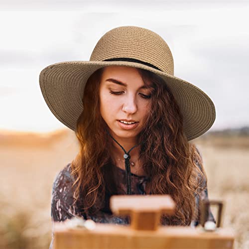 Womens Sun Hat Wide Brim Foldable Beach Hats For Women Uv Protection Summer Straw Hat With Wind Lanyard, A Khaki #TOP3