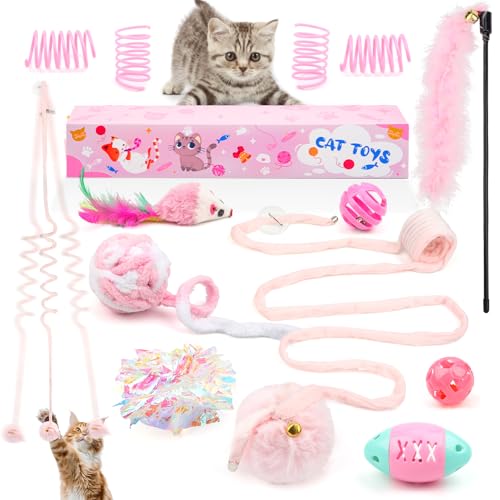 QUOZUO Pink Cat Toy Kitten Toys Set Hanging Interactive Kitten Toys Wand Springs Mice Crinkle Balls and Pet Bell Balls Toys for Indoor Cats 12Pcs Gift Box Styles (Pink)