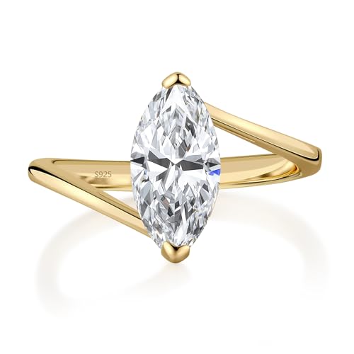 VISDIV 2CT Engagement Ring for Women Marquise Cut 925 Sterling Silver AAAAA Cubic Zirconia CZ Wedding Band Promise Ring For Women Solitaire Simulated Diamond Silver/Gold Size 5-10 (Gold, 5)