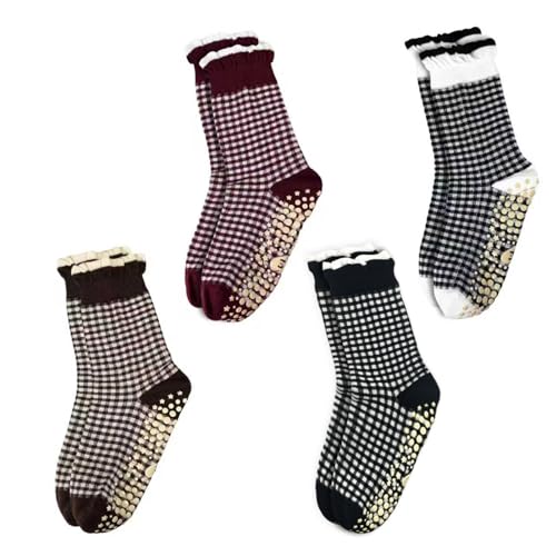 ERMO NKES Cute Polka Dot and Plaid Socks for Women – 4 Pairs Ruffle Crew Socks, Retro Vintage Style for Daily Wear (US, Alpha, One Size, Regular, Regular, 4, Black,white,red and coffee checks