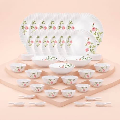 Image of La Opala Novo Opalware Dinner Set, 35 Pcs for Family of 6, Rose Garden