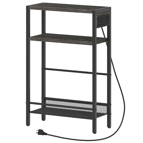 HOOBRO Small Narrow Side Table with Charging Station, Skinny End Table for Small Spaces, Slim Nightstand with USB Ports Outlet, Sofa Beside Table with Storage Shelf, Charcoal Black BC102UBZ0