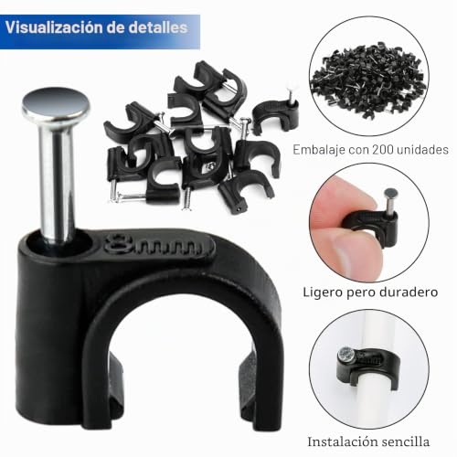 Miniatura 3 de 200 Clips Para Cables, 8 Mm, Clips Para Clavos De Cable, Clips Redondos Para Cables Negros Con Clavos De Fijación, Abrazaderas De Cable De Montaje En Pared Redondas Clavables Para Cables Ethernet
