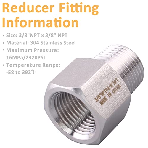 Image of Forged Reducer Adapter Fitting - Stainless Steel 304 Reducing Pipe Connector, 3 /8 inch NPT Female x 3 /8 inch NPT Male (pack of 2)