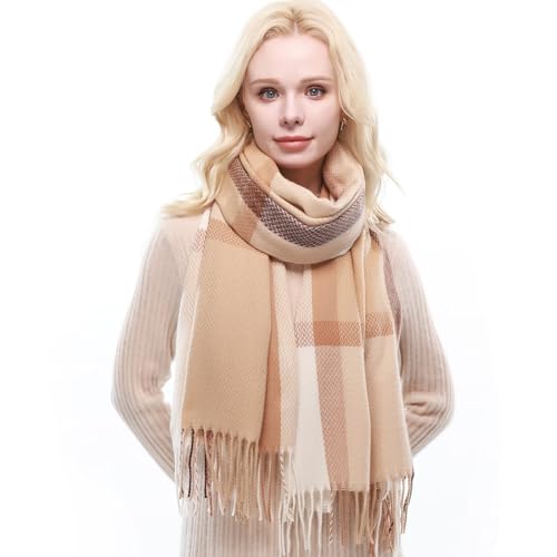 RIIQIICHY Plaid Scarf for Women Fall Winter Pashmina Scarves Wraps for Cold Weather Warm Large Camel/Beige