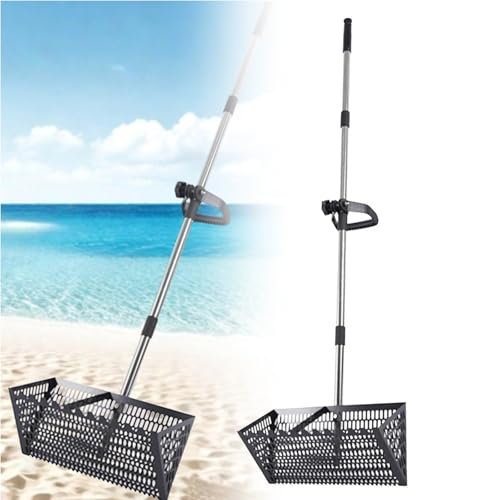 Set di rastrello per pulci, setaccio per sabbia da spiaggia in acciaio inox con cestello largo da 40 cm a denti di squalo, rastrello per sabbia scavato in acciaio al carbonio, rastrelli con manico