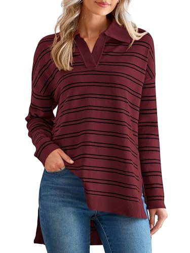 Image of MASCOMODA Womens Sweaters Fall 2025 Oversized Striped Sweater Long Sleeve Polo V Neck Loose Side Slit Knitted Tunic Tops