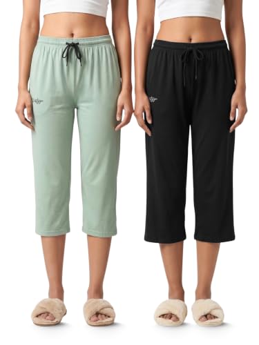 Image of Fflirtygo Women's Cotton Plain Calf Length Capri | Nightwear Short Pyjama | 3 /4th Solid Pyjama Pant | Regular Fit Casual & Lounge Wear Capri Combo (Pack of 2)