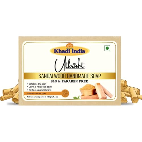 Image of Utkrisht Khadi Sandalwood Herbal Bath Soap | Handmade with Natural Ingredients | Nourishing, Aromatic & Skin Brightening | Paraben-Free | For Men, Women & Sensitive Skin (Pack of 3) - 125gm