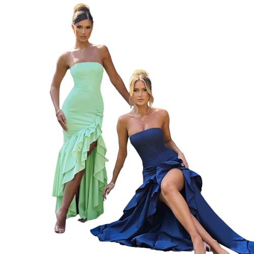 Image of Women's Sexy Strapless Backless High Split Long Maxi Dress Ruched Off Shoulder Sleeveless Bodycon Party Cocktail Dresses