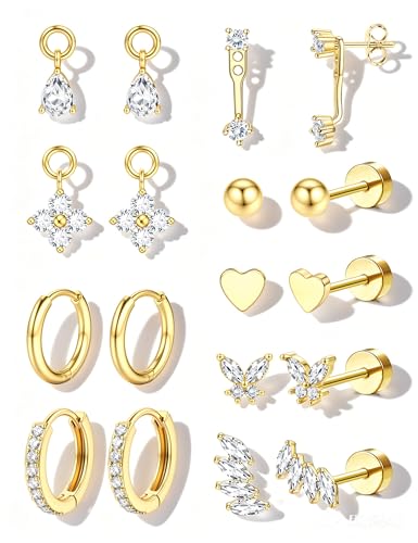 Jstyle 9 Pairs Hypoallergenic Flat Back Earrings 14K Gold Cartilage Earrings for Women Trendy...