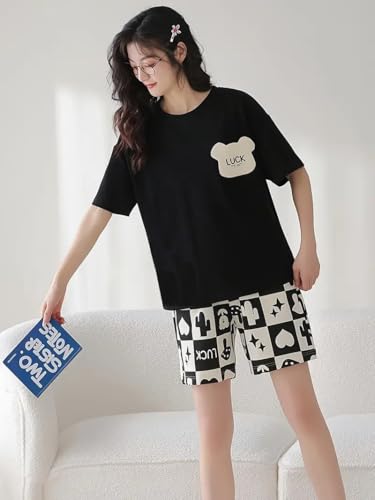 Image of Louis Luxe Cotton Blend Womens Korean Night Dress || Short Pyjama Set || Korean Nightsuit || Women Nightwear ||Round Neck Short Sleeve Nightsuit || Loungewear || Everyday Nightdress
