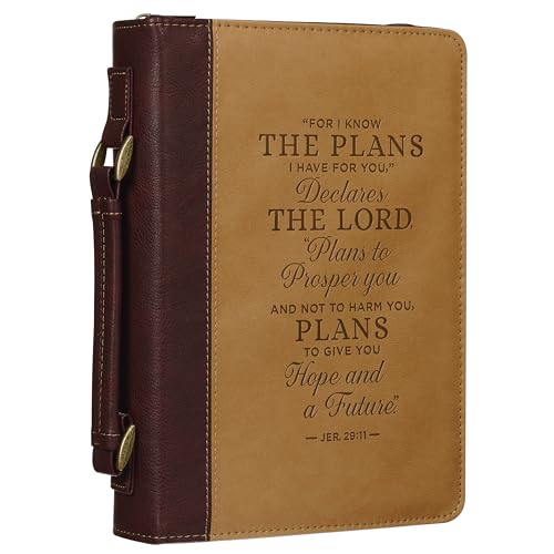 Christian Art Gifts Classic Vegan Leather Bible Cover for Men & Women: Hope & Future Encouraging Scripture Verse, Debossed Design, Sturdy Easy Carry Case, Pockets, Pen Loops Storage, Brown/Tan, XL