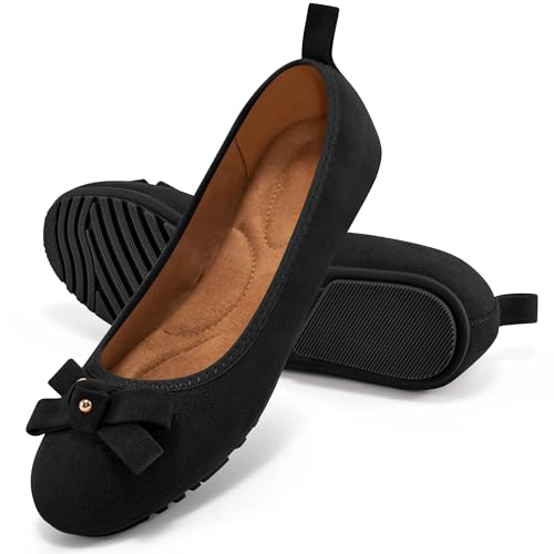 Image of Ecetana Women's Ballet Flats Comfortable Round Toe Foldable Slip-On Shoes | Portable Casual Bow Flats with Memory Foam Insole & Lightweight Non Slip Sole for Work Dressy Travel - All Day Comfort