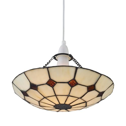 Cream Tiffany Uplight Pendant Shade, Easy Fit Ceiling Lightshade, Traditional Coloured Glass Design