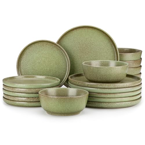 Image of vancasso Plates and Bowls Sets, 18 Pieces Stoneware Dinnerware Set for 6, Ceramic Dish Set for Kitchen, Microwave and Dishwasher Safe, Mossy Green, Series ZERMATT