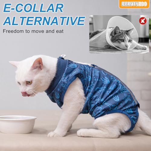 Image of BEAUTYZOO Cat Surgery Recovery Suit, Female Spay, Male Neuter, 2 Pack | Onesie for Cats After Surgery, Anti Licking Wounds, Cone of Shame Alternative, Surgical Recovery Anxiety Vest, Blue Ocean M