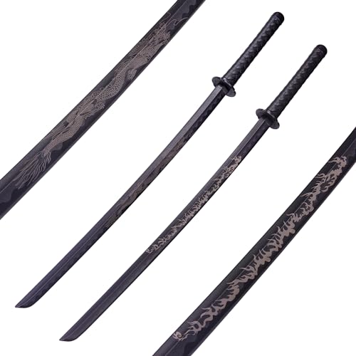 Polypropylene Katana Sword - Japanese Training Samurai Sword, Blunt Longsword, Martial Arts Practice, Safe, Easy, Cosplay, Black, Dragon, Fire, for Men Women and Childre, Dragon and Fire(Two in total)