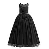 Glamulice Kids Funeral Flower Girls Dress Black Bridesmaid Long A Line Wedding Pageant Dresses Rhinestone Tulle Party Gown Holiday Prom Princess Fancy Birthday Maxi Formal Ball Gown Christmas 15 16