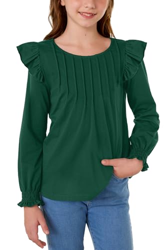 BesserBay Girls Fall Long Sleeve Shirts Elastic Pleated Front Shirts with Flutter Smocked Cuffs Casual Tunic Top 6-14 Years