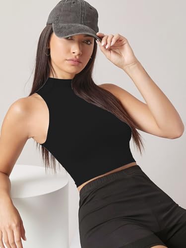 Image of Sugathari Women's & Girls' Solid Ribbed High Neck Sleeveless Crop Tops for Women (Top 37)