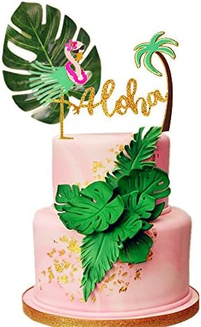 LaVenty 2 PCS Glitter Aloha Cake Topper Flamingo Cake Toppers Flamingo Happy Birthday Cake Decoration Tropical Hawaiian Luau Themed Party Supplies